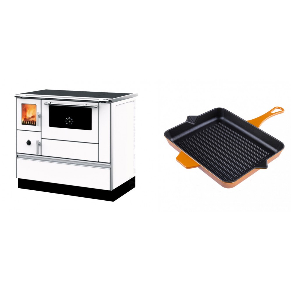 Set Küchenofen mit Backofen und Kochplatte Alfa Plam, Modell Dominant 90H Weiß, Leistung 6.5kW + Emaillierte grillpfanne Gusseisen Solagio, Dijon, 26x32cm | Kaminofen - Holzofen mit Backfach | Kaminofen |