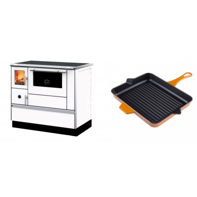 Set Küchenofen mit Backofen und Kochplatte Alfa Plam, Modell Dominant 90H Weiß, Leistung 6.5kW + Emaillierte grillpfanne Gusseisen Solagio, Dijon, 26x32cm - Kaminofen - Holzofen mit Backfach