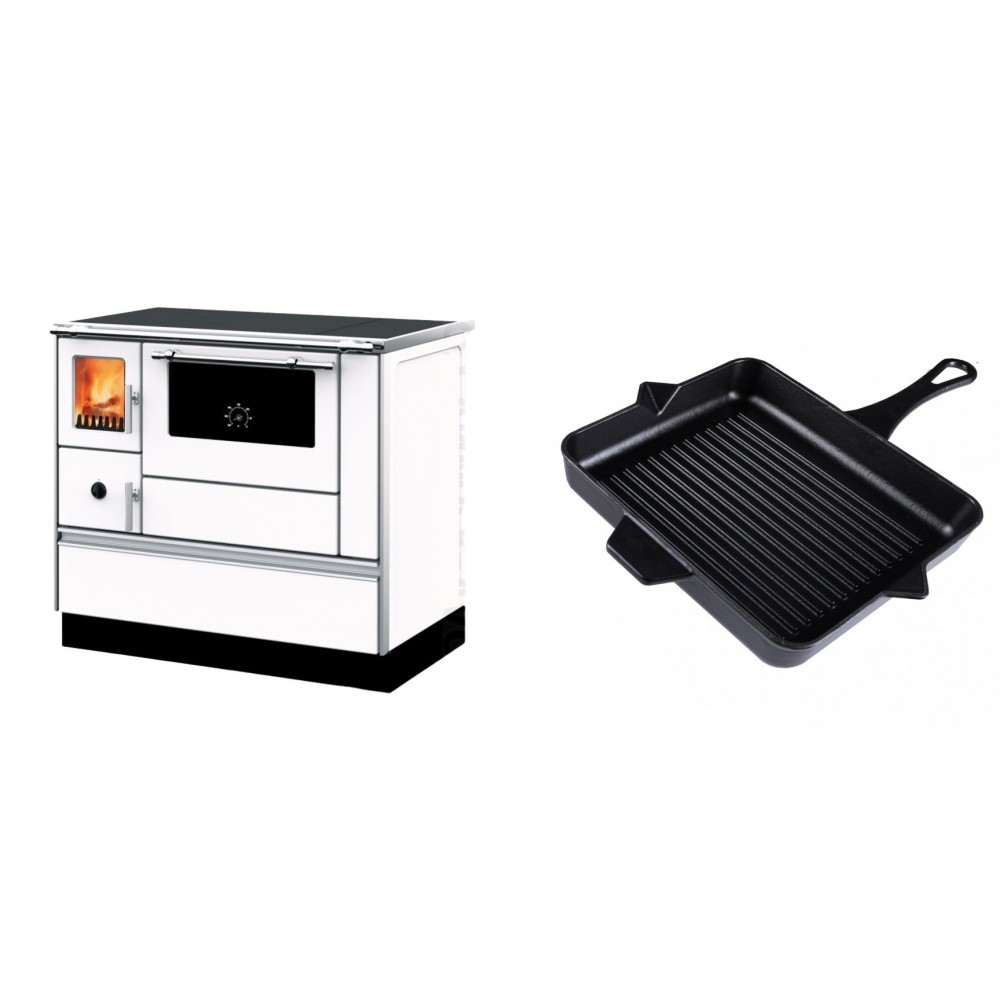 Set Küchenofen mit Backofen und Kochplatte Alfa Plam, Modell Dominant 90H Weiß, Leistung 6.5kW + Emaillierte grillpfanne Gusseisen Solagio, Black Onyx, 26x32cm | Kaminofen - Holzofen mit Backfach | Kaminofen |