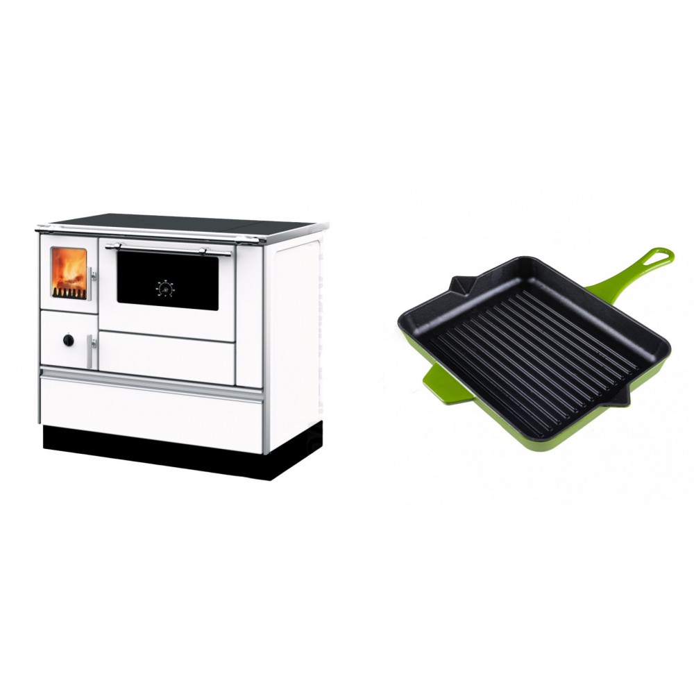 Set Küchenofen mit Backofen und Kochplatte Alfa Plam, Modell Dominant 90H Weiß, Leistung 6.5kW + Emaillierte grillpfanne Gusseisen Solagio, Bamboo, 26x32cm | Kaminofen - Holzofen mit Backfach | Kaminofen |