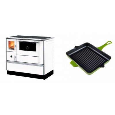 Set Küchenofen mit Backofen und Kochplatte Alfa Plam, Modell Dominant 90H Weiß, Leistung 6.5kW + Emaillierte grillpfanne Gusseisen Solagio, Bamboo, 26x32cm - Kaminofen - Holzofen mit Backfach