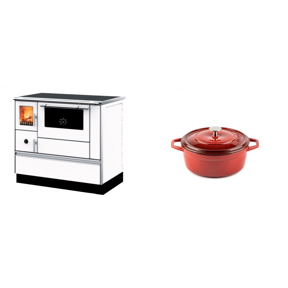 Set Küchenofen mit Backofen und Kochplatte Alfa Plam, Modell Dominant 90H Weiß, Leistung 6.5kW + Gusseisen Topf Tiefer Solagio, Rubin, Ф12 | Kaminofen - Holzofen mit Backfach | Kaminofen |
