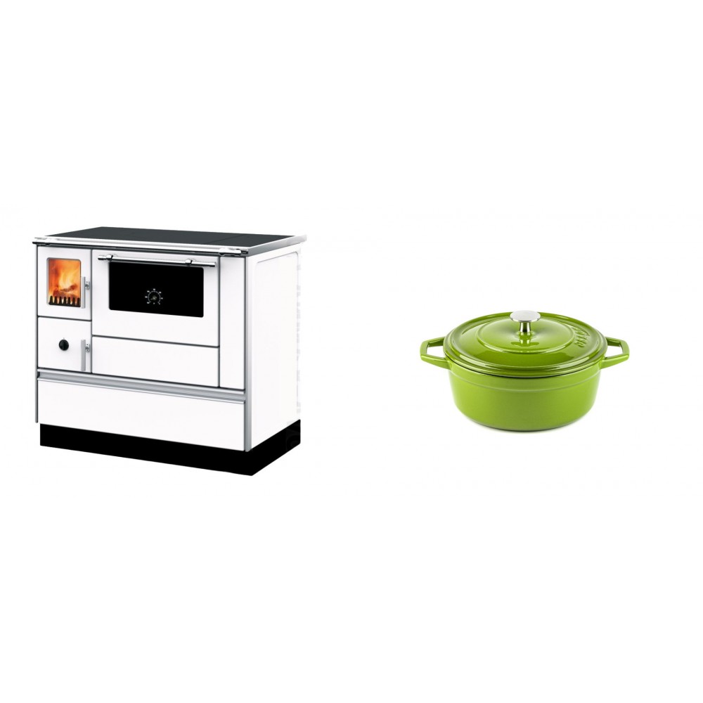 Set Küchenofen mit Backofen und Kochplatte Alfa Plam, Modell Dominant 90H Weiß, Leistung 6.5kW + Gusseisen Topf Tiefer Solagio, Bamboo, Ф12