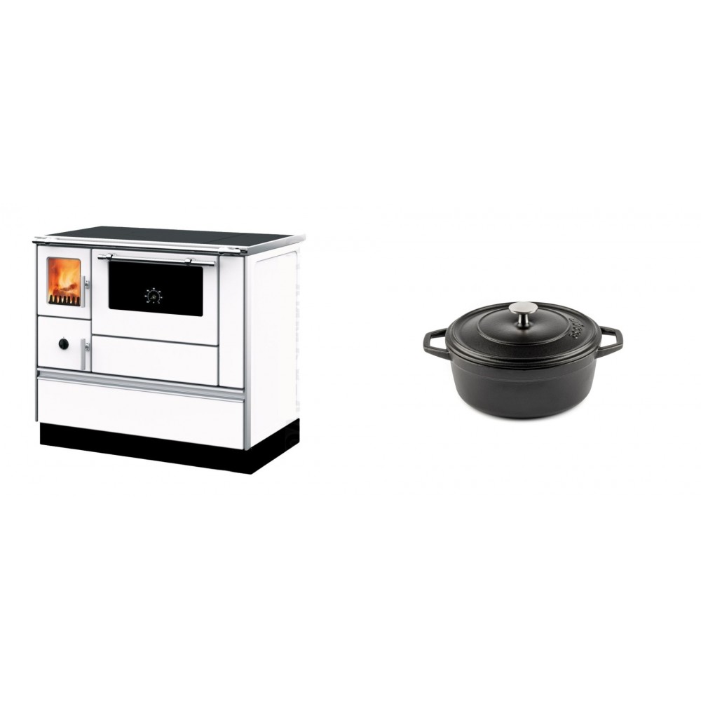 Set Küchenofen mit Backofen und Kochplatte Alfa Plam, Modell Dominant 90H Weiß, Leistung 6.5kW + Gusseisen Topf Tiefer Solagio, Black Onyx, Ф12
