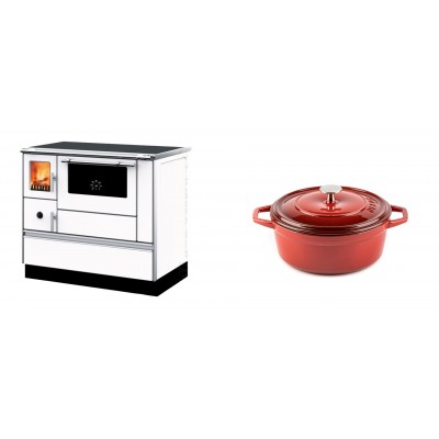 Set Küchenofen mit Backofen und Kochplatte Alfa Plam, Modell Dominant 90H Weiß, Leistung 6.5kW + Gusseisen Topf Tiefer Solagio, Rubin, Ф20 - Kaminofen - Holzofen mit Backfach