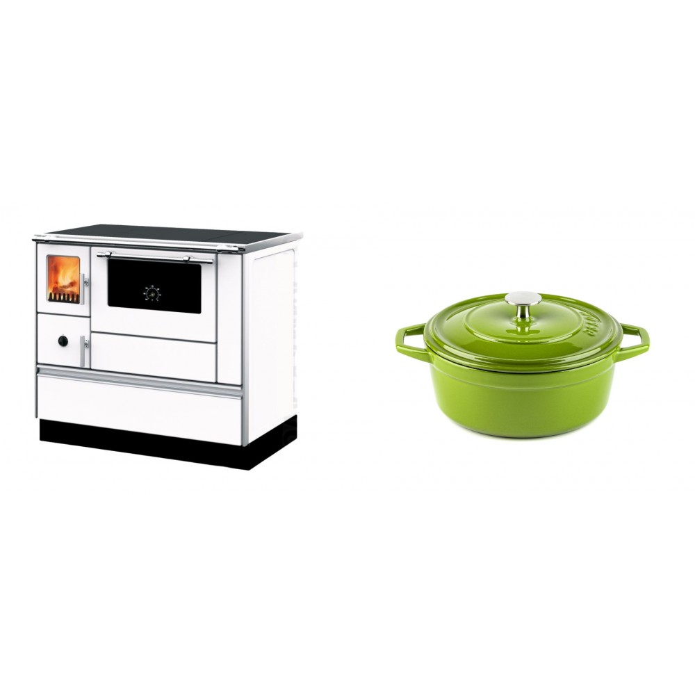 Set Küchenofen mit Backofen und Kochplatte Alfa Plam, Modell Dominant 90H Weiß, Leistung 6.5kW + Gusseisen Topf Tiefer Solagio, Bamboo, Ф20