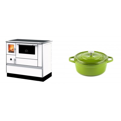 Set Küchenofen mit Backofen und Kochplatte Alfa Plam, Modell Dominant 90H Weiß, Leistung 6.5kW + Gusseisen Topf Tiefer Solagio, Bamboo, Ф20 - Kaminofen - Holzofen mit Backfach