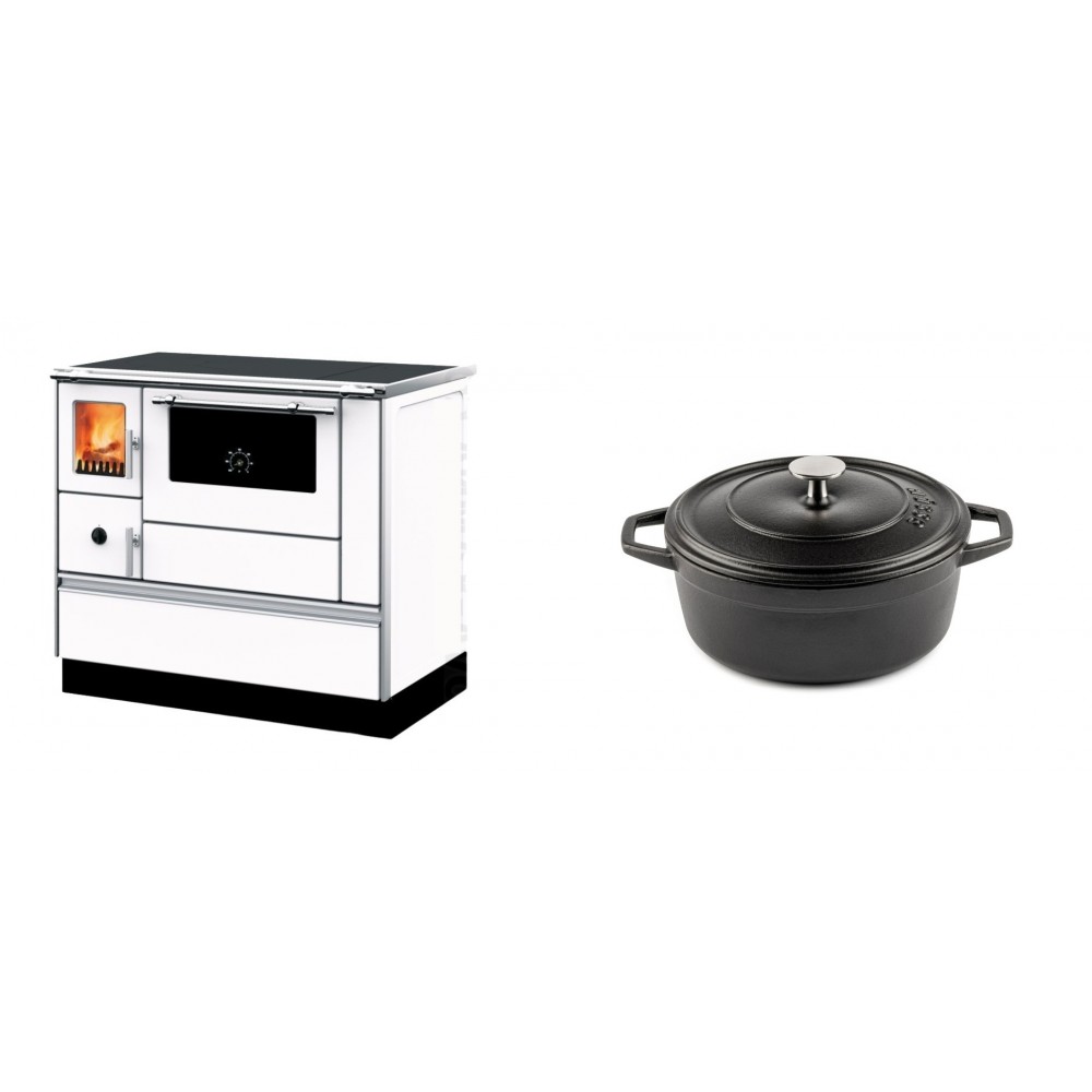 Set Küchenofen mit Backofen und Kochplatte Alfa Plam, Modell Dominant 90H Weiß, Leistung 6.5kW + Gusseisen Topf Tiefer Solagio, Black Onyx, Ф20