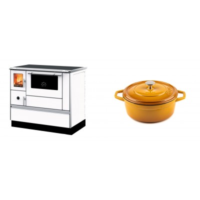 Set Küchenofen mit Backofen und Kochplatte Alfa Plam, Modell Dominant 90H Weiß, Leistung 6.5kW + Gusseisen Topf Tiefer Solagio, Dijon, Ф20 - Kaminofen - Holzofen mit Backfach