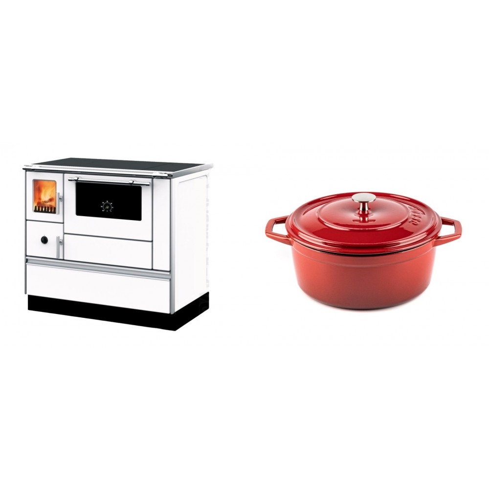 Set Küchenofen mit Backofen und Kochplatte Alfa Plam, Modell Dominant 90H Weiß, Leistung 6.5kW + Gusseisen Topf Tiefer Solagio, Rubin, Ф24