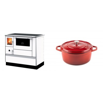 Set Küchenofen mit Backofen und Kochplatte Alfa Plam, Modell Dominant 90H Weiß, Leistung 6.5kW + Gusseisen Topf Tiefer Solagio, Rubin, Ф24 - Kaminofen - Holzofen mit Backfach