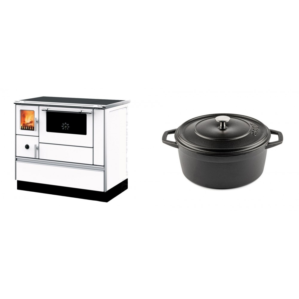 Set Küchenofen mit Backofen und Kochplatte Alfa Plam, Modell Dominant 90H Weiß, Leistung 6.5kW + Gusseisen Topf Tiefer Solagio, Black Onyx, Ф24