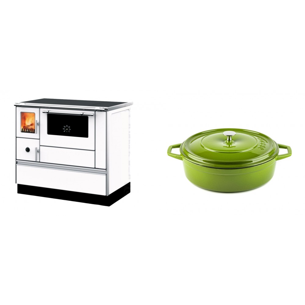 Set Küchenofen mit Backofen und Kochplatte Alfa Plam, Modell Dominant 90H Weiß, Leistung 6.5kW + Gusseisen Topf Flach Solagio, Bamboo, Ф26