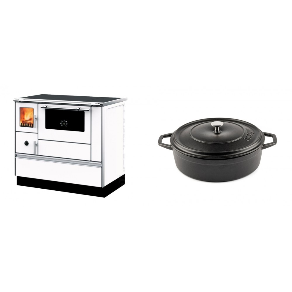 Set Küchenofen mit Backofen und Kochplatte Alfa Plam, Modell Dominant 90H Weiß, Leistung 6.5kW + Gusseisen Topf Flach Solagio, Black Onyx, Ф26 | Kaminofen - Holzofen mit Backfach | Kaminofen |