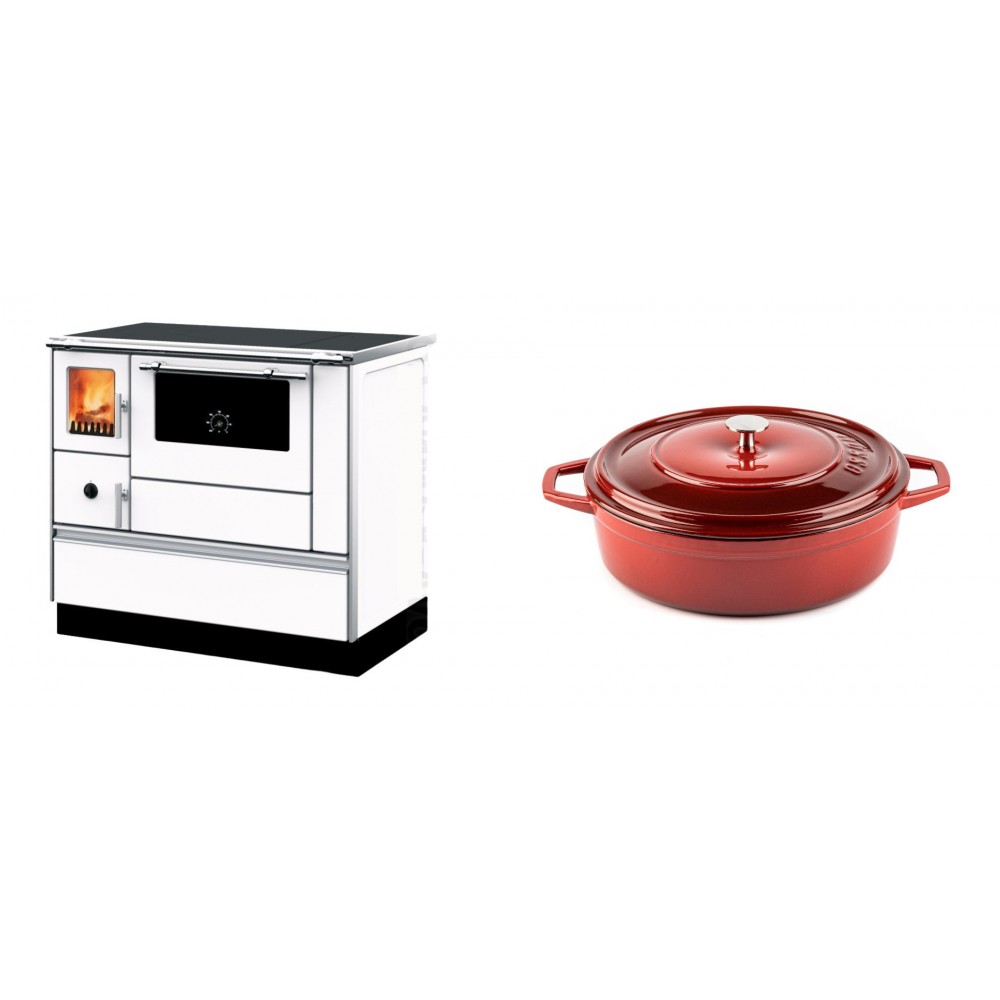 Set Küchenofen mit Backofen und Kochplatte Alfa Plam, Modell Dominant 90H Weiß, Leistung 6.5kW + Gusseisen Topf Flach Solagio, Rubin, Ф26