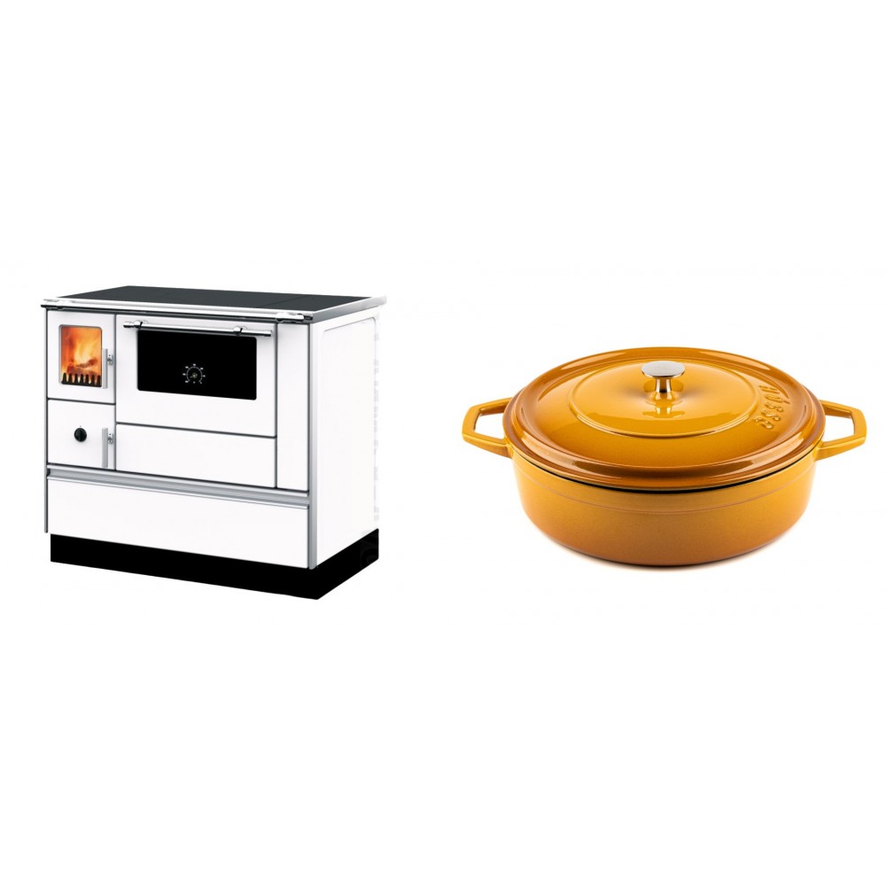 Set Küchenofen mit Backofen und Kochplatte Alfa Plam, Modell Dominant 90H Weiß, Leistung 6.5kW + Gusseisen Topf Flach Solagio, Dijon, Ф28