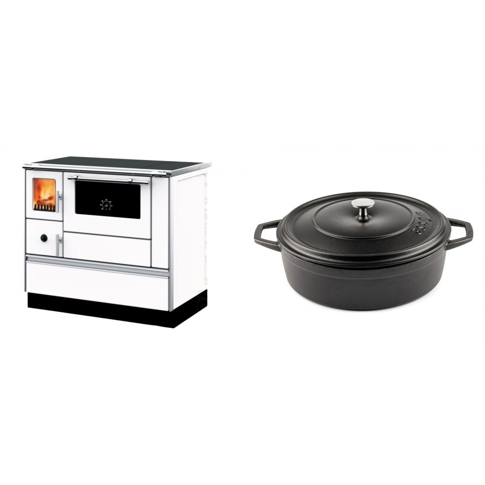 Set Küchenofen mit Backofen und Kochplatte Alfa Plam, Modell Dominant 90H Weiß, Leistung 6.5kW + Gusseisen Topf Flach Solagio, Black Onyx, Ф28 | Kaminofen - Holzofen mit Backfach | Kaminofen |