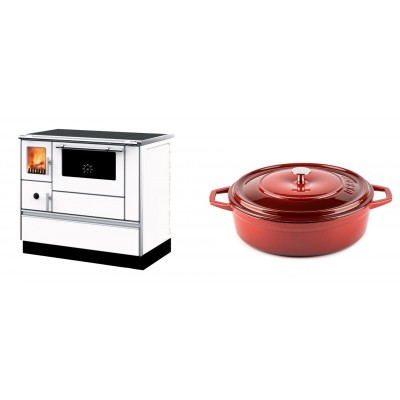 Set Küchenofen mit Backofen und Kochplatte Alfa Plam, Modell Dominant 90H Weiß, Leistung 6.5kW + Gusseisen Topf Flach Solagio, Rubin, Ф28 - Kaminofen - Holzofen mit Backfach