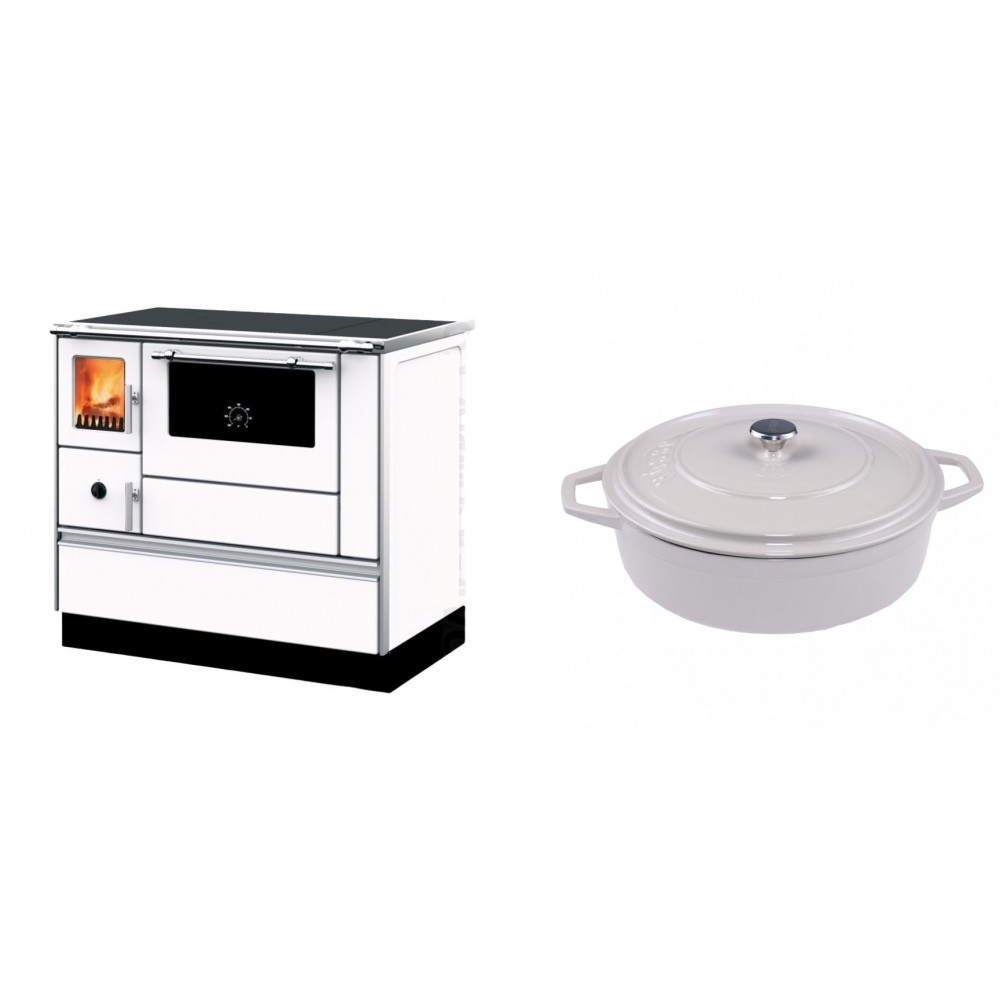 Set Küchenofen mit Backofen und Kochplatte Alfa Plam, Modell Dominant 90H Weiß, Leistung 6.5kW + Gusseisen Topf Flach Solagio, Ivory, Ф28