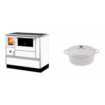 Set Küchenofen mit Backofen und Kochplatte Alfa Plam, Modell Dominant 90H Weiß, Leistung 6.5kW + Gusseisen Topf Tiefer Solagio, Ivory, Ф20 - Kaminofen - Holzofen mit Backfach
