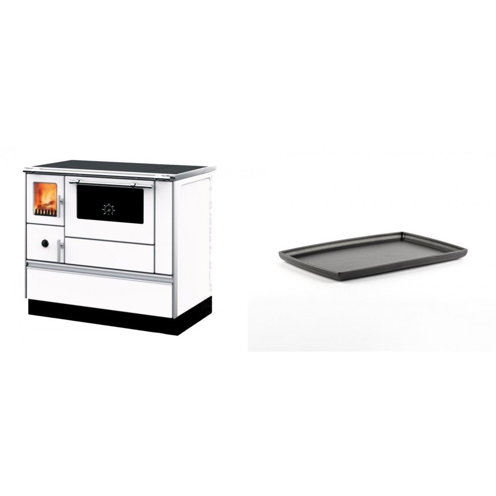 Set Küchenofen mit Backofen und Kochplatte Alfa Plam, Modell Dominant 90H Weiß, Leistung 6.5kW + Rechteckige Servierplatte aus Gusseisen Solagio, 21x31cm | Kaminofen - Holzofen mit Backfach | Kaminofen |