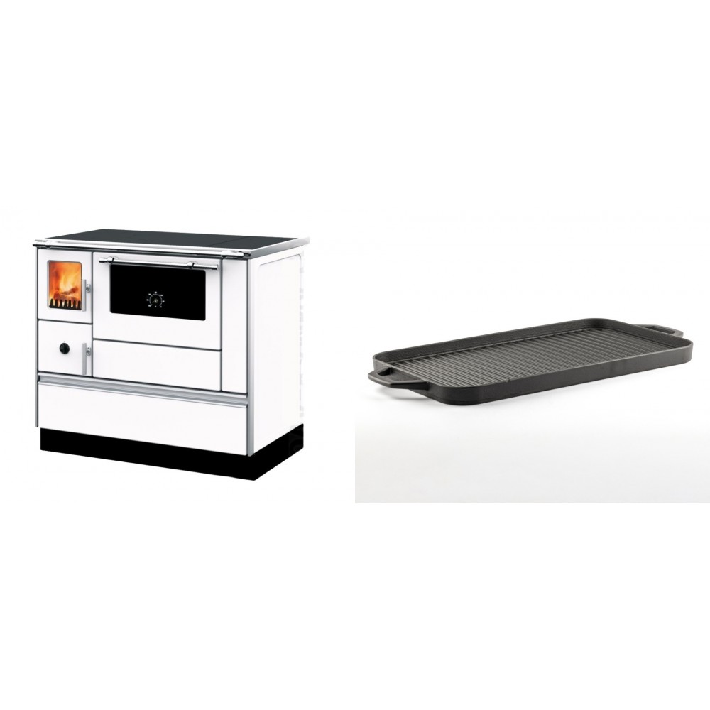 Set Küchenofen mit Backofen und Kochplatte Alfa Plam, Modell Dominant 90H Weiß, Leistung 6.5kW + Große Grillplatte aus Gusseisen Solagio, 25x44cm | Kaminofen - Holzofen mit Backfach | Kaminofen |