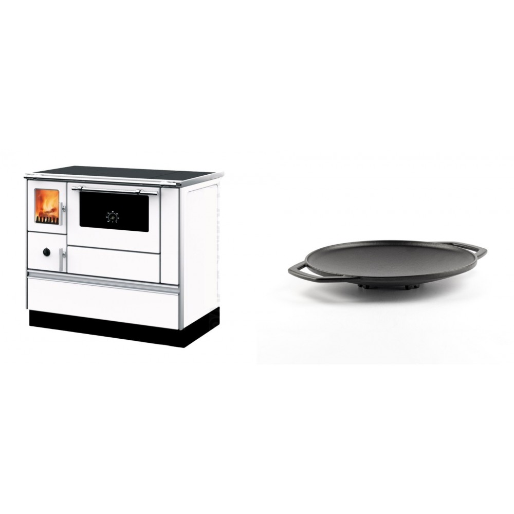 Set Küchenofen mit Backofen und Kochplatte Alfa Plam, Modell Dominant 90H Weiß, Leistung 6.5kW + Backplatte aus Gusseisen Solagio, Ф28cm