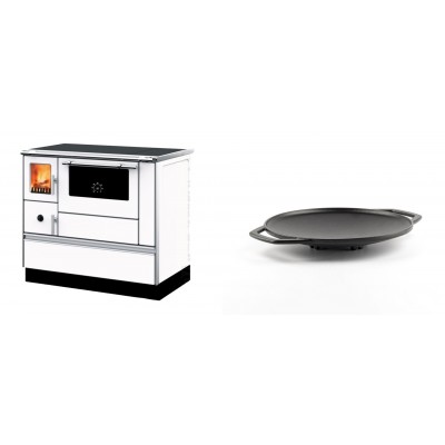Set Küchenofen mit Backofen und Kochplatte Alfa Plam, Modell Dominant 90H Weiß, Leistung 6.5kW + Backplatte aus Gusseisen Solagio, Ф28cm - Kaminofen - Holzofen mit Backfach