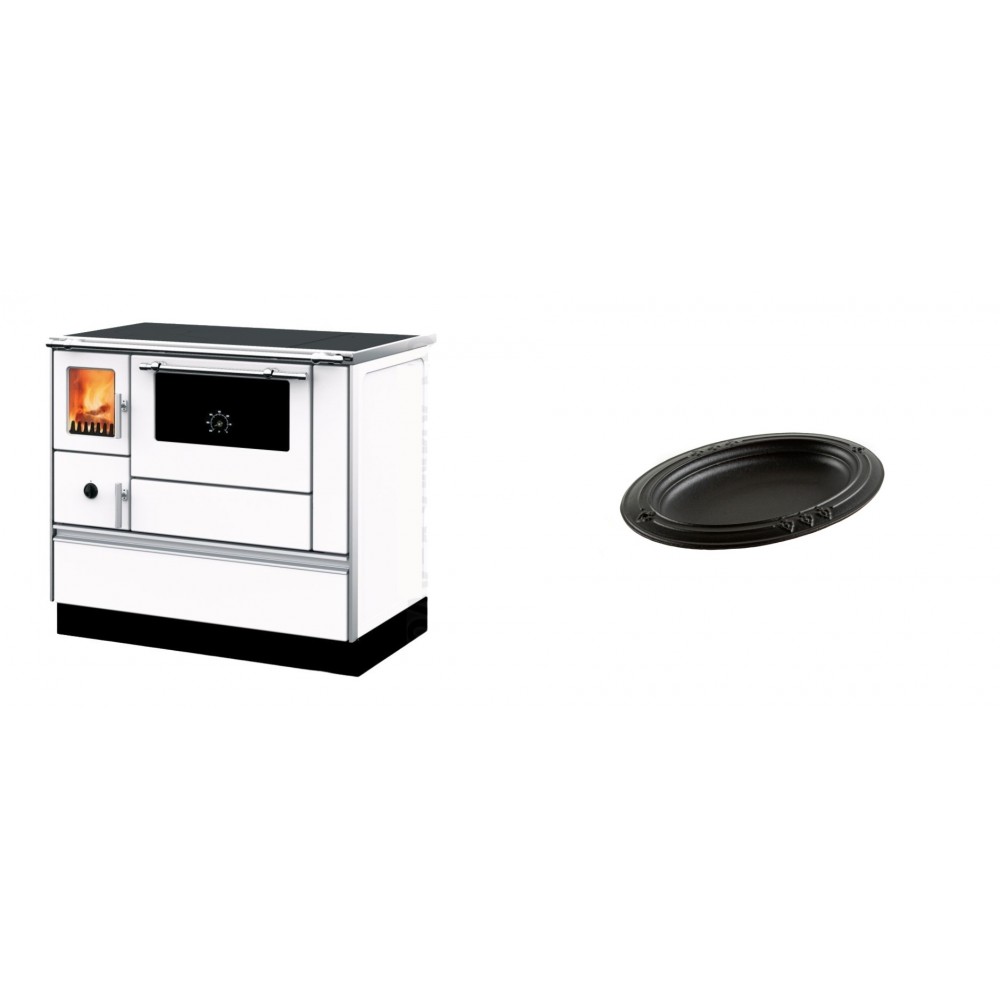 Set Küchenofen mit Backofen und Kochplatte Alfa Plam, Modell Dominant 90H Weiß, Leistung 6.5kW + Gusseiserne auflaufform Solagio oval, 17x28cm | Kaminofen - Holzofen mit Backfach | Kaminofen |