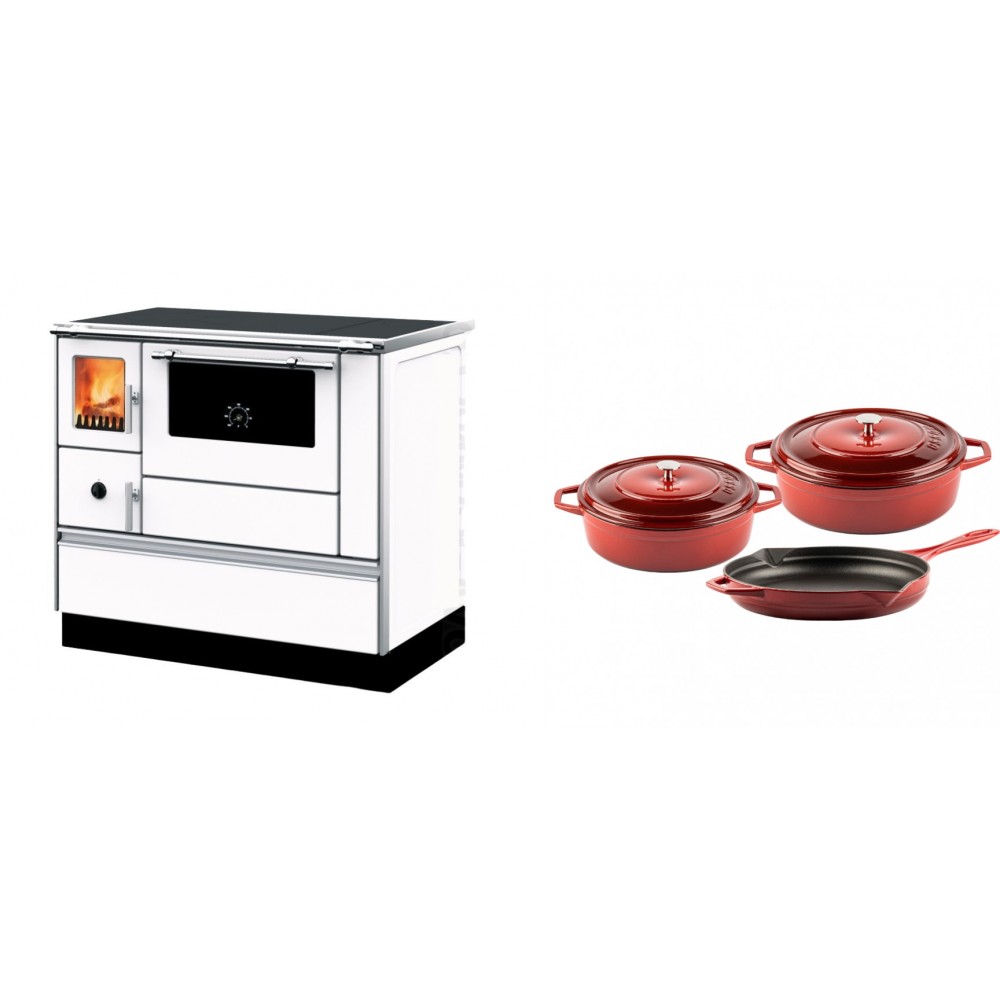 Set Küchenofen mit Backofen und Kochplatte Alfa Plam, Modell Dominant 90H Weiß, Leistung 6.5kW + Gusseisen Topf Set aus 3 teilen Solagio, Rubin | Kaminofen - Holzofen mit Backfach | Kaminofen |