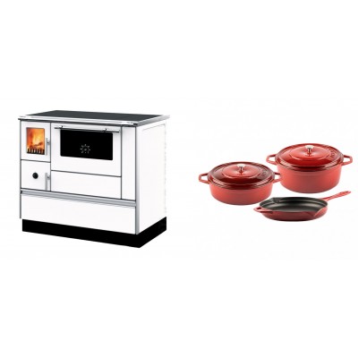 Set Küchenofen mit Backofen und Kochplatte Alfa Plam, Modell Dominant 90H Weiß, Leistung 6.5kW + Gusseisen Topf Set aus 3 teilen Solagio, Rubin - Kaminofen - Holzofen mit Backfach