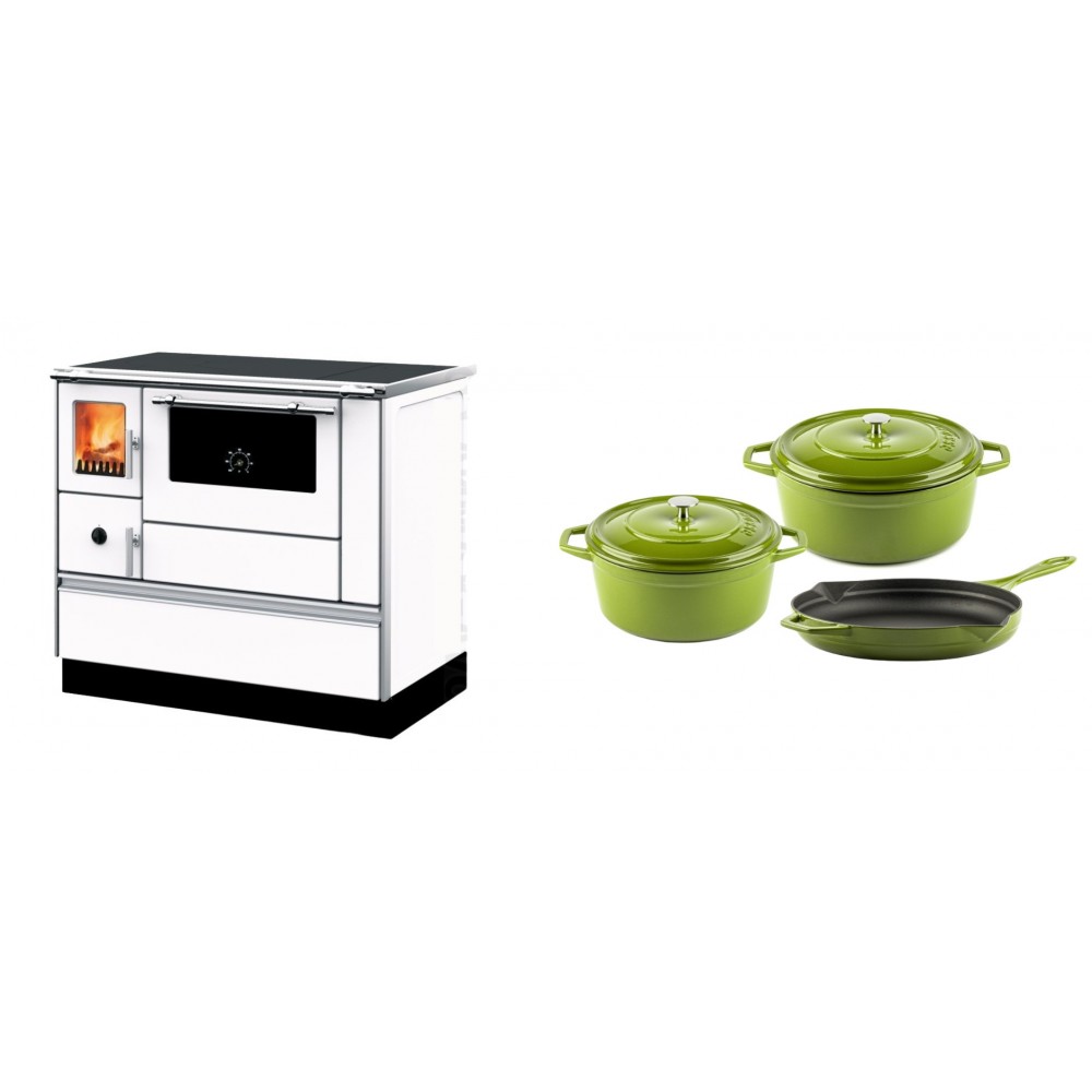 Set Küchenofen mit Backofen und Kochplatte Alfa Plam, Modell Dominant 90H Weiß, Leistung 6.5kW + Gusseisen Topf Set aus 3 teilen Solagio, Bamboo | Kaminofen - Holzofen mit Backfach | Kaminofen |