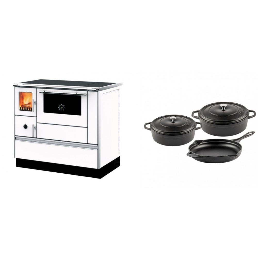 Set Küchenofen mit Backofen und Kochplatte Alfa Plam, Modell Dominant 90H Weiß, Leistung 6.5kW + Gusseisen Topf Set aus 3 teilen Solagio, Black Onyx | Kaminofen - Holzofen mit Backfach | Kaminofen |