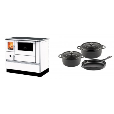 Set Küchenofen mit Backofen und Kochplatte Alfa Plam, Modell Dominant 90H Weiß, Leistung 6.5kW + Gusseisen Topf Set aus 3 teilen Solagio, Black Onyx - Kaminofen - Holzofen mit Backfach