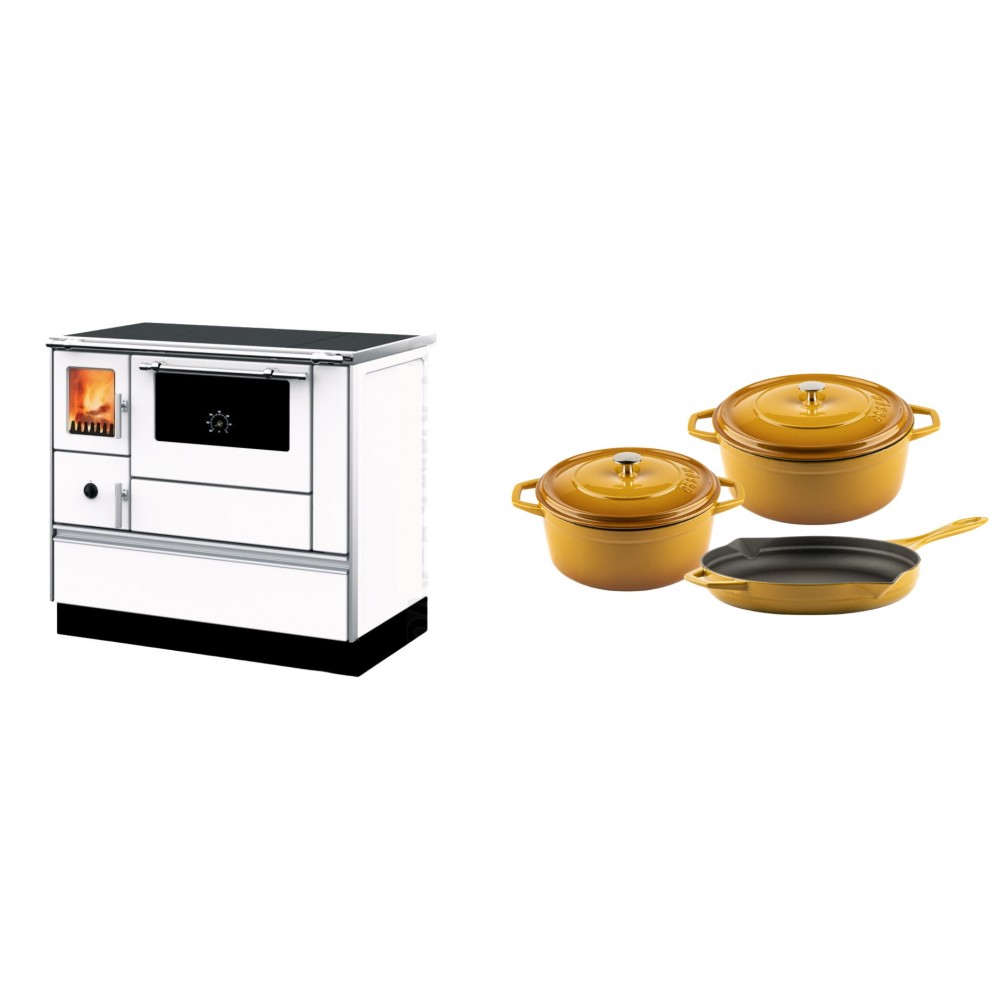 Set Küchenofen mit Backofen und Kochplatte Alfa Plam, Modell Dominant 90H Weiß, Leistung 6.5kW + Gusseisen Topf Set aus 3 teilen Solagio, Dijon