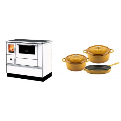 Set Küchenofen mit Backofen und Kochplatte Alfa Plam, Modell Dominant 90H Weiß, Leistung 6.5kW + Gusseisen Topf Set aus 3 teilen Solagio, Dijon - Kaminofen - Holzofen mit Backfach