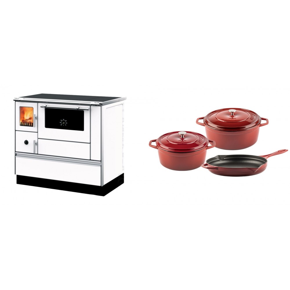 Set Küchenofen mit Backofen und Kochplatte Alfa Plam, Modell Dominant 90H Weiß, Leistung 6.5kW + Gusseisen Topf Set aus 3 teilen Solagio, Rubin