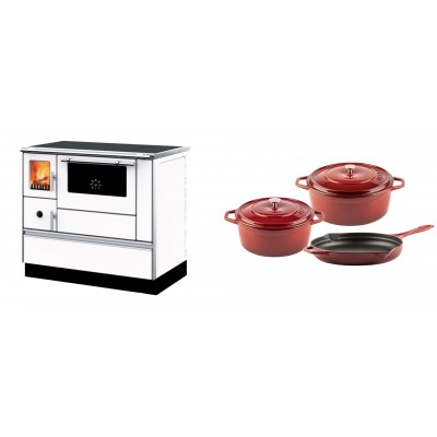 Set Küchenofen mit Backofen und Kochplatte Alfa Plam, Modell Dominant 90H Weiß, Leistung 6.5kW + Gusseisen Topf Set aus 3 teilen Solagio, Rubin - Kaminofen - Holzofen mit Backfach