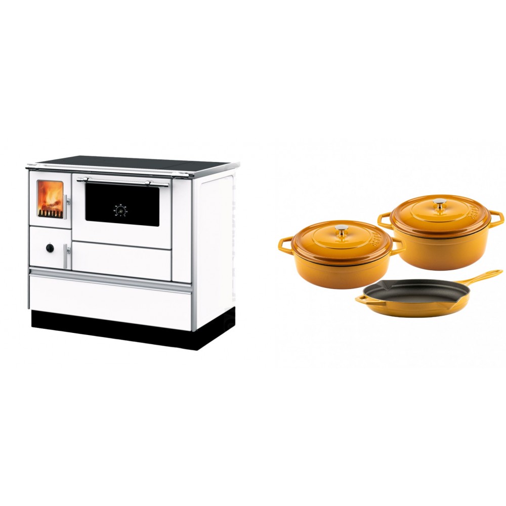 Set Küchenofen mit Backofen und Kochplatte Alfa Plam, Modell Dominant 90H Weiß, Leistung 6.5kW + Gusseisen Topf Set aus 3 teilen Solagio, Dijon | Kaminofen - Holzofen mit Backfach | Kaminofen |