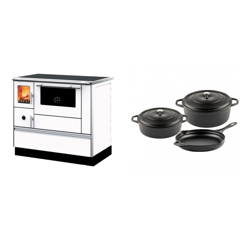 Set Küchenofen mit Backofen und Kochplatte Alfa Plam, Modell Dominant 90H Weiß, Leistung 6.5kW + Gusseisen Topf Set aus 3 teilen Solagio, Black Onyx