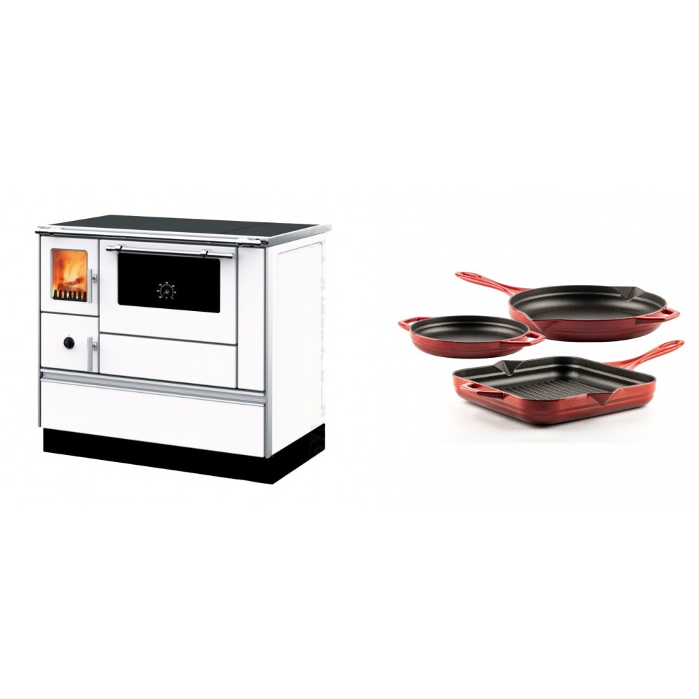 Set Küchenofen mit Backofen und Kochplatte Alfa Plam, Modell Dominant 90H Weiß, Leistung 6.5kW + Gusseisen Topf Set aus 3 teilen Solagio, Rubin