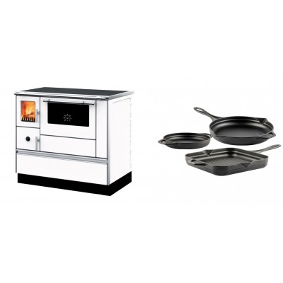 Set Küchenofen mit Backofen und Kochplatte Alfa Plam, Modell Dominant 90H Weiß, Leistung 6.5kW + Gusseisen Topf Set aus 3 teilen Solagio, Black Onyx - Kaminofen - Holzofen mit Backfach
