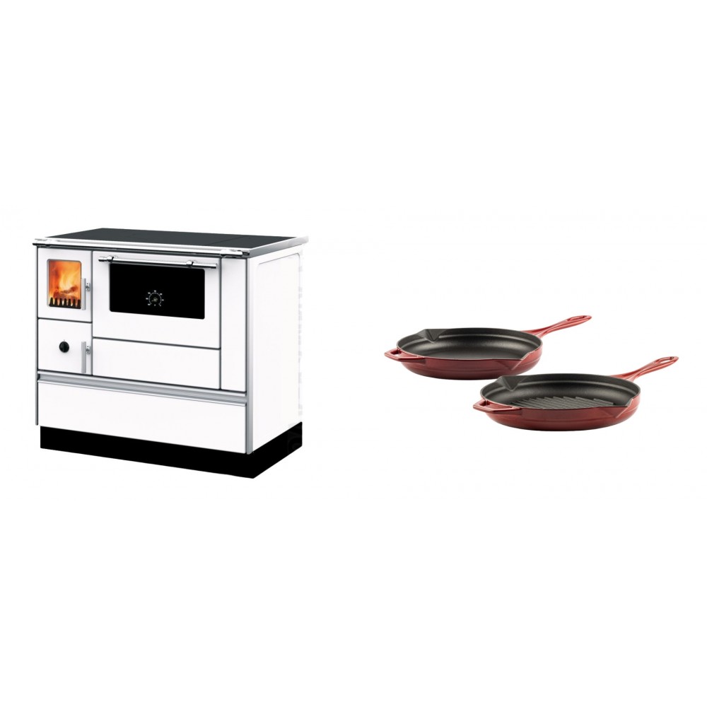 Set Küchenofen mit Backofen und Kochplatte Alfa Plam, Modell Dominant 90H Weiß, Leistung 6.5kW + Gusseisen Topf Set aus 2 teilen Solagio, Rubin | Kaminofen - Holzofen mit Backfach | Kaminofen |
