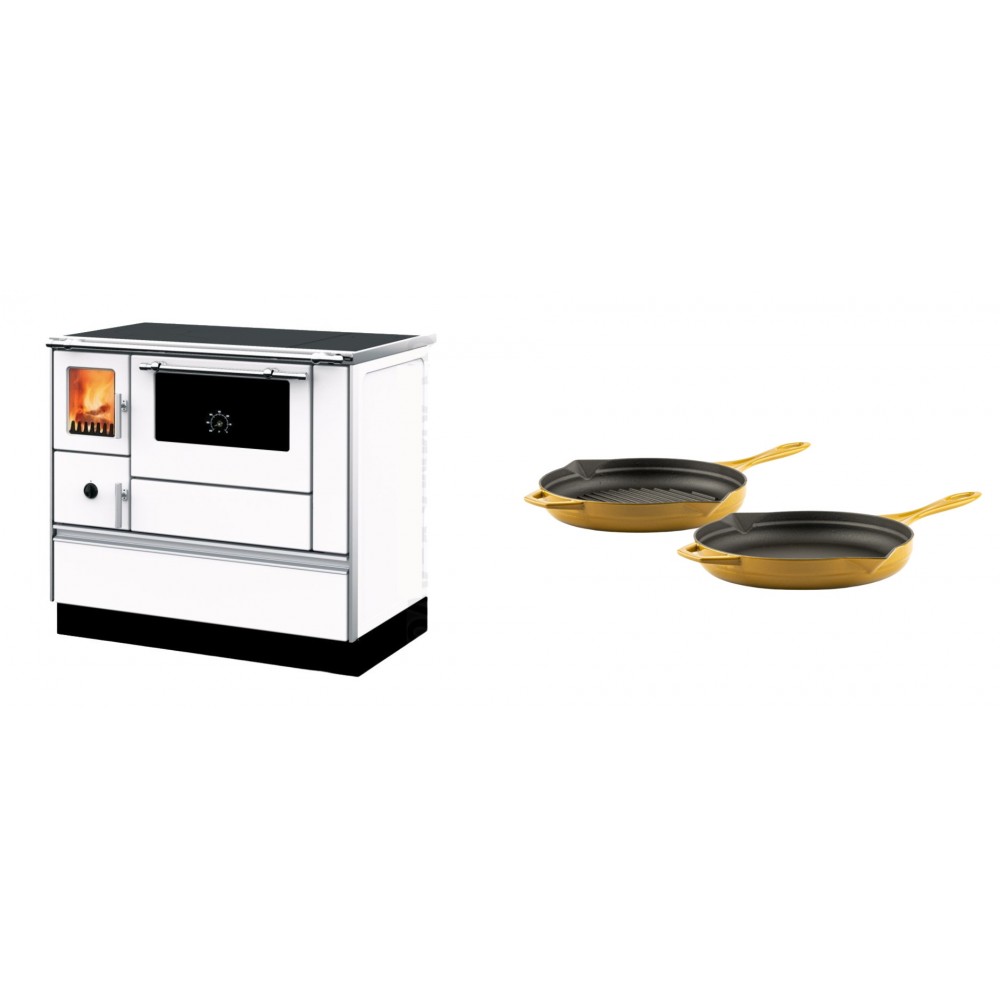 Set Küchenofen mit Backofen und Kochplatte Alfa Plam, Modell Dominant 90H Weiß, Leistung 6.5kW + Gusseisen Topf Set aus 2 teilen Solagio, Dijon | Kaminofen - Holzofen mit Backfach | Kaminofen |