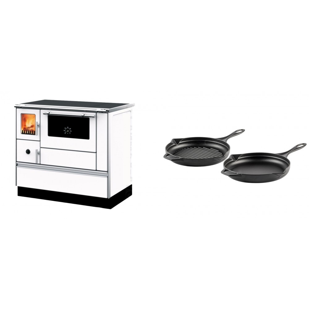 Set Küchenofen mit Backofen und Kochplatte Alfa Plam, Modell Dominant 90H Weiß, Leistung 6.5kW + Gusseisen Topf Set aus 2 teilen Solagio, Black Onyx | Kaminofen - Holzofen mit Backfach | Kaminofen |
