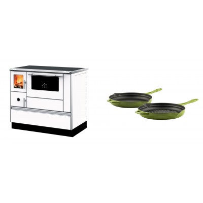 Set Küchenofen mit Backofen und Kochplatte Alfa Plam, Modell Dominant 90H Weiß, Leistung 6.5kW + Gusseisen Topf Set aus 2 teilen Solagio, Bamboo - Kaminofen - Holzofen mit Backfach
