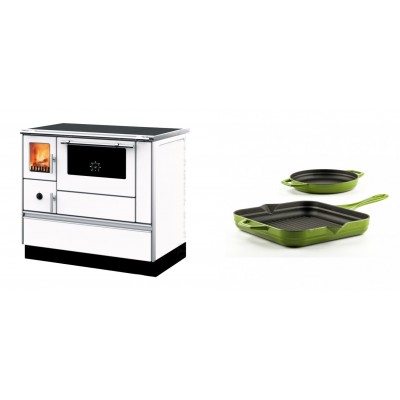 Set Küchenofen mit Backofen und Kochplatte Alfa Plam, Modell Dominant 90H Weiß, Leistung 6.5kW + Gusseisen Topf Set aus 2 teilen Solagio, Bamboo - Kaminofen - Holzofen mit Backfach