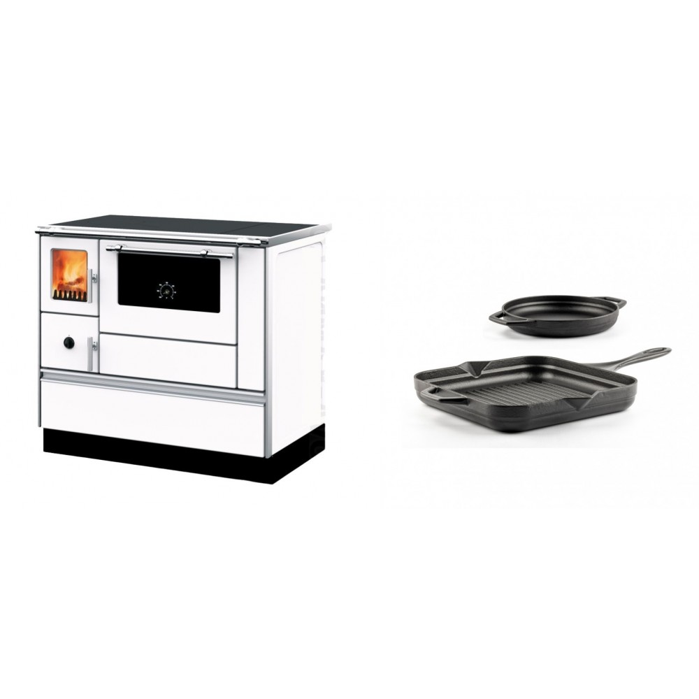 Set Küchenofen mit Backofen und Kochplatte Alfa Plam, Modell Dominant 90H Weiß, Leistung 6.5kW + Gusseisen Topf Set aus 2 teilen Solagio, Black Onyx | Kaminofen - Holzofen mit Backfach | Kaminofen |