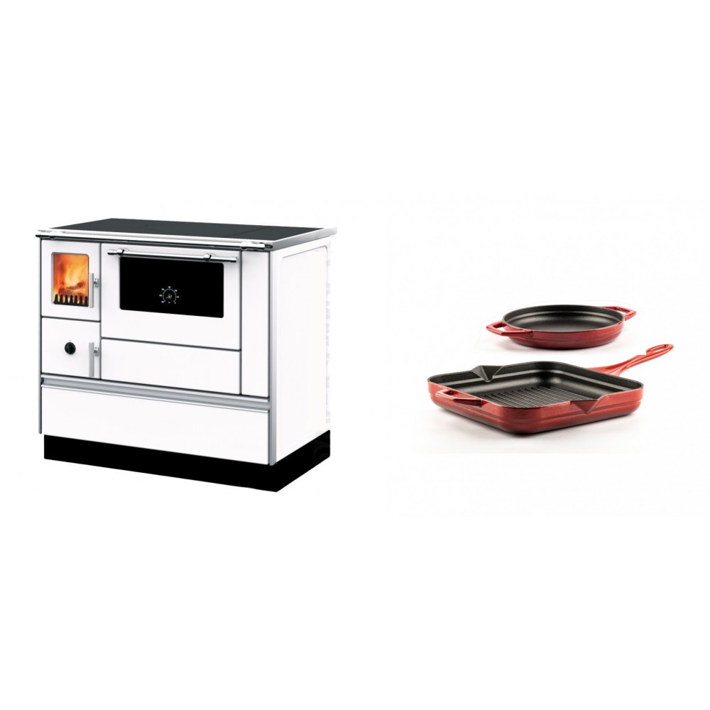 Set Küchenofen mit Backofen und Kochplatte Alfa Plam, Modell Dominant 90H Weiß, Leistung 6.5kW + Gusseisen Topf Set aus 2 teilen Solagio, Rubin