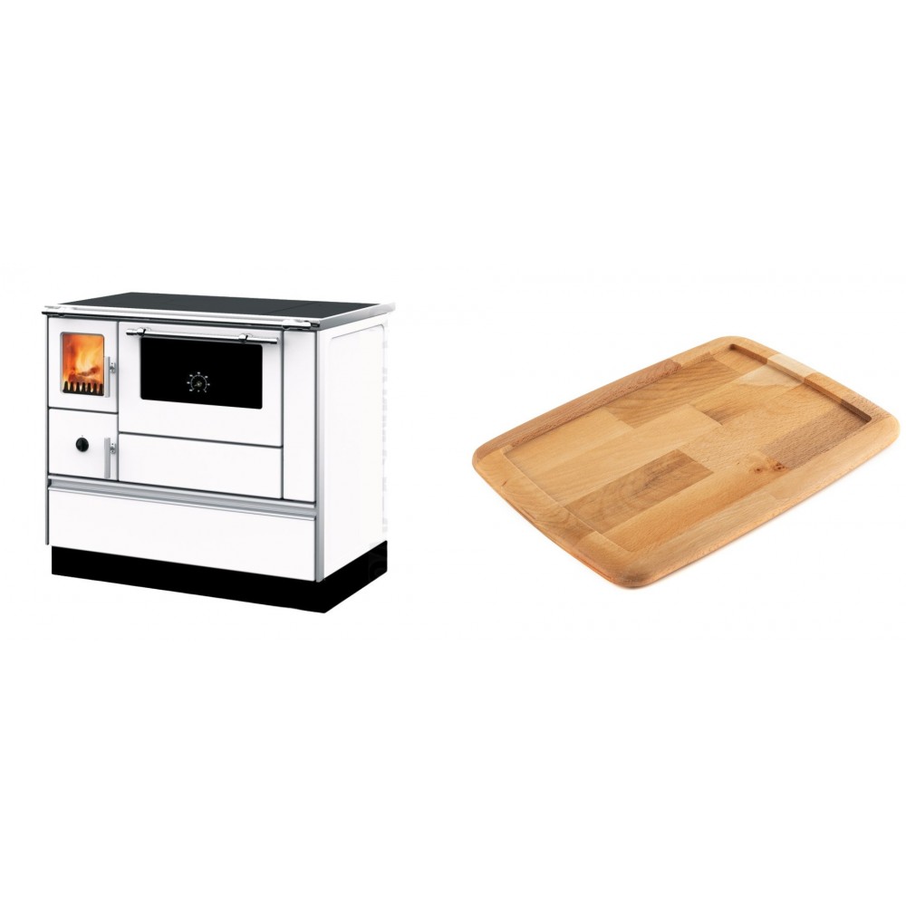 Set Küchenofen mit Backofen und Kochplatte Alfa Plam, Modell Dominant 90H Weiß, Leistung 6.5kW + Holz untersetzer für gusseisenplatte Solagio HSST2131